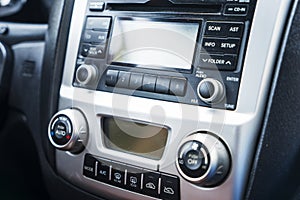 Car audio system front panel, radio, close up