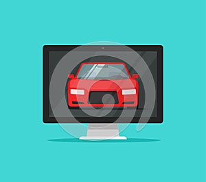 Car or auto on computer screen vector illustration, flat cartoon design pc with automobile on display isolated