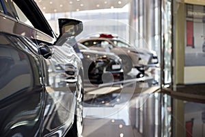 Car auto dealership. New cars at dealer showroom. Prestigious vehicles.