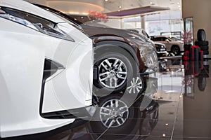 Car auto dealership. New cars at dealer showroom. Prestigious vehicles