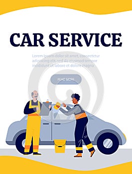 Car auto repair service banner or poster template, flat vector illustration.