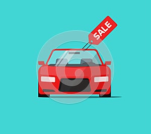 Car or auto sale vector illustration, flat cartoon design automobile with sale tag, idea of rent or buy service