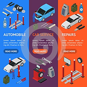 Car Auto Service Banner Vecrtical Set Isometric View. Vector