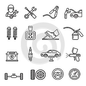 Car auto service icons set of mechanic maintenance engine repair and garage.