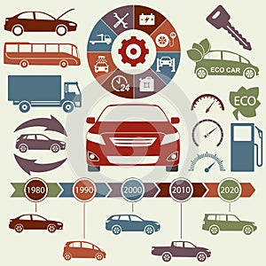 Car and auto service Infographics elements. Transportation icons and symbols. Vector illustration