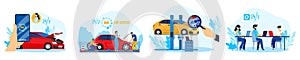 Car auto service vector illustration set, cartoon flat repairman mechanics in repair work process with equipment, call