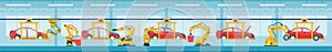 Car automated assembly line with robotic arms, cars manufacturing factory. Automobile production line, automotive