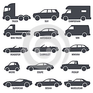Car automobile types black vector icons isolated on white