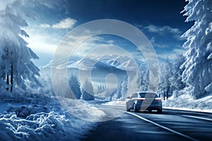 a car on the background of a winter snow covered road, beautiful landscape, winter forest and mountains, concept of travel