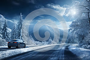 a car on the background of a winter snow covered road, beautiful landscape, winter forest and mountains, concept of travel