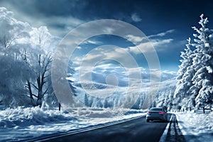 a car on the background of a winter snow covered road, beautiful landscape, winter forest and mountains, concept of travel