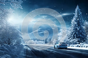 a car on the background of a winter snow covered road, beautiful landscape, winter forest and mountains, concept of travel