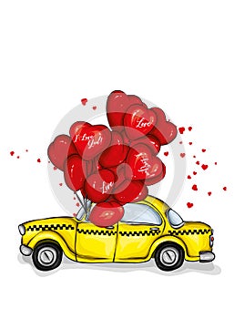 Car with balloons in the shape of hearts. Taxi. Vector illustration for greeting card or poster. Love, friendship, Valentine`s Day