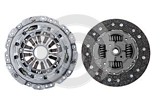 Car basket and clutch disc on white background