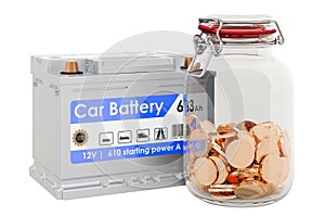 Car battery with glass jar full of golden coins, 3D rendering