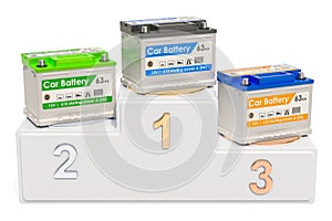 Car battery ratings concept. Winners podium with car batteries,