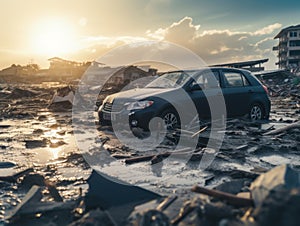 Car on the beach in the evening. Pollution environment concept.