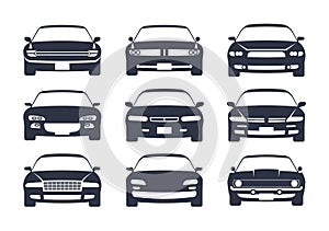 Car black silhouette. Cars front view icon set, vehicle monochrome mockup, regular sedan auto for family, race or