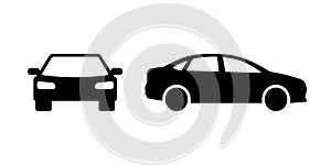 Car black silhouette front and side view icon set. Vector isolated automobile symbol