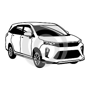 CAR BLACK AND WHITE FRONT SIDE VIEW LINE ART VECTOR