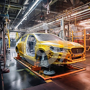 Car Bodies on Assembly Line Factory Production. Generative AI