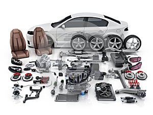 Car body disassembled and many vehicles parts