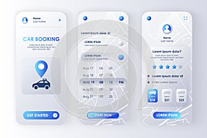 Car booking unique neomorphic design kit for app. Car sharing service UI, UX template set. Online rent car screens with prices,