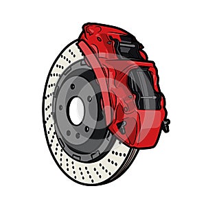 Car brake caliper of red color isolated on white background.