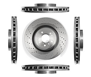 Car brake disc isolated on white background. Auto spare parts. Perforated brake disc rotor isolated on white. Braking ventilated