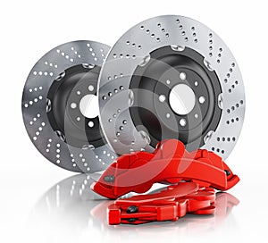 Car brake disc and red caliper isolated on white