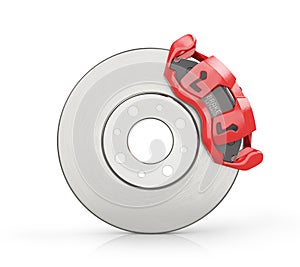 Car brake disk with red caliper. Car brake on a white background.