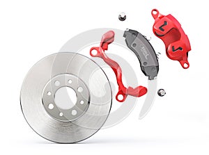 Car brake disk with red caliper. Car brake on a white background.