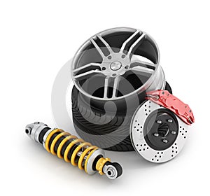 Car brakes with absorbers, tires and rims