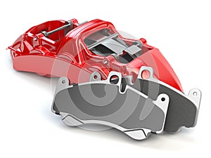 Car brakes. Red caliper and pads. Dsk braking system parts