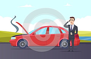Car breakdown. Road assistance cartoon illustration. Vector businessman need car repair service