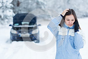 Car breakdown on winter road.