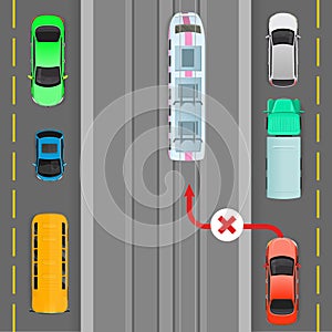 Car Breaks Traffic Rules. Overtaking is Forbidden