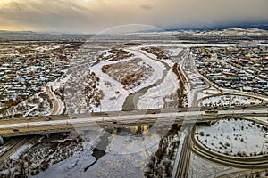 The car bridge and junction over frozen Selenga river in the Siberian town of Ulan-Ude, Buryatiya, Russia.