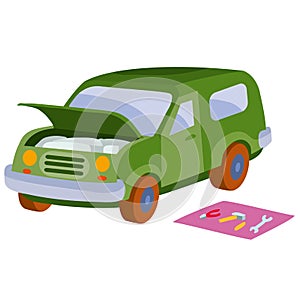 The car broke down and stands with the hood open, tools lie next to it on a mat, cartoon illustration, isolated object on a white