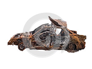 A car burnt after the explosion is isolated on a white background