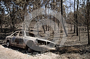 Car burnt by the road on a forest fire - Pedrogao Grande