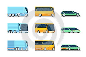 Car bus truck side front and back view stylish design concept set. Futuristic electric hybrid auto motor vehicle. Modern