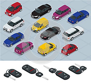 Car and Car keys icons. Car keys. Flat 3d isometric vector high quality city transport car icon set. Car, van, cargo