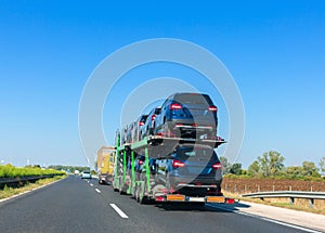 Car carrier trailer with cars on bunk platform. Car transport truck on the highway. Space for text