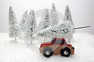 Car carrying a Christmas tree in a snow covered miniature evergreen forest