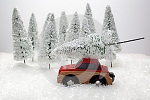 Car carrying a Christmas tree in a snow covered miniature evergreen forest