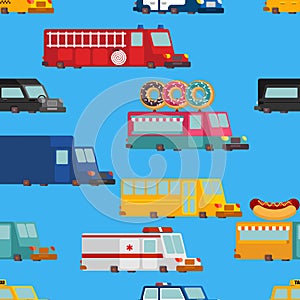 Car cartoon seamless pattern. Fire engine and police car. ambulance and taxi. Fast food truck. vector illustration