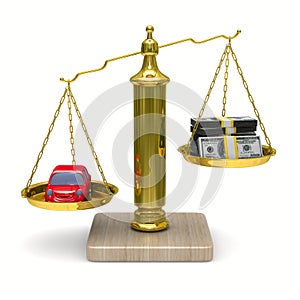 Car and cashes on scales. Isolated 3D