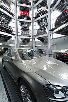 Car in center of the multi-story automated car parking system