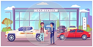 Car center, showroom with different modern automobiles, man seller manager giving keys to owner